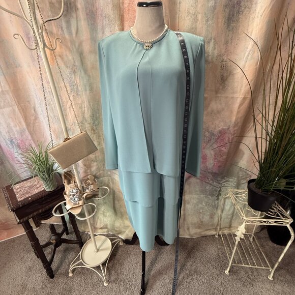 VTG📌 Afterdark Evening - MOB Crystal Sea Green Chiffon Dress Long Sleeves - Picture 6 of 16